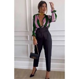 Zara Striped Satin effect Oversized Shirt Sz S Green Pink Lilac